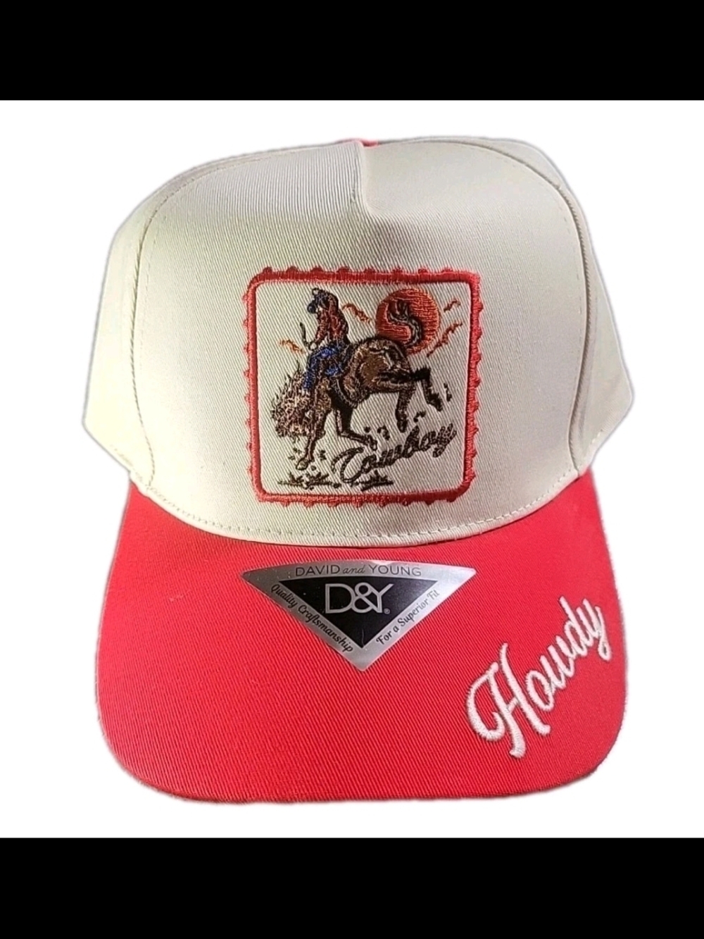 David & Young Howdy Cowboy Hat Cream Red Bucking Bronco Snapback Western Boho